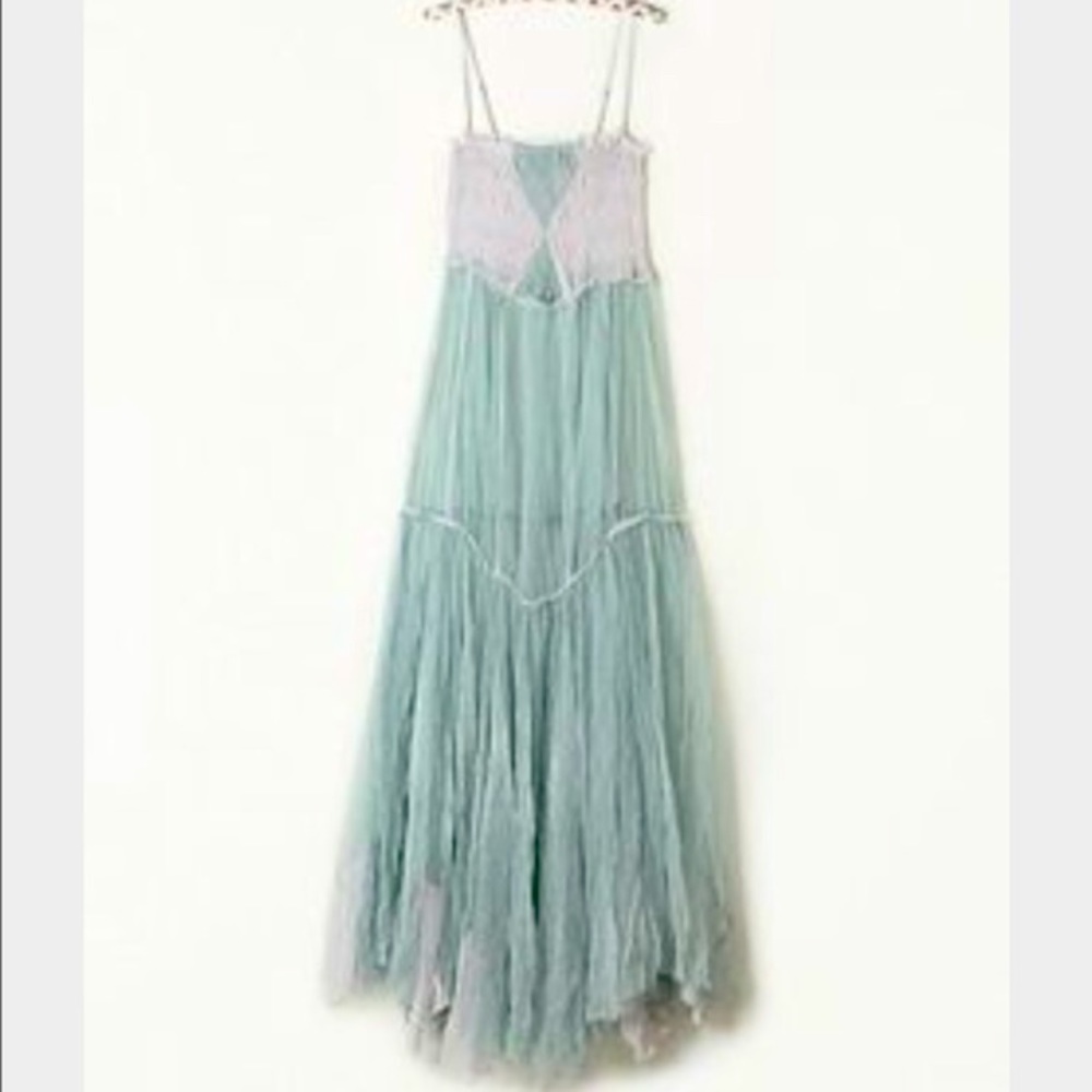 Free People Raw Tulle Maxi Slip Dress Light Green/Teal. ONE STRAP MISSING